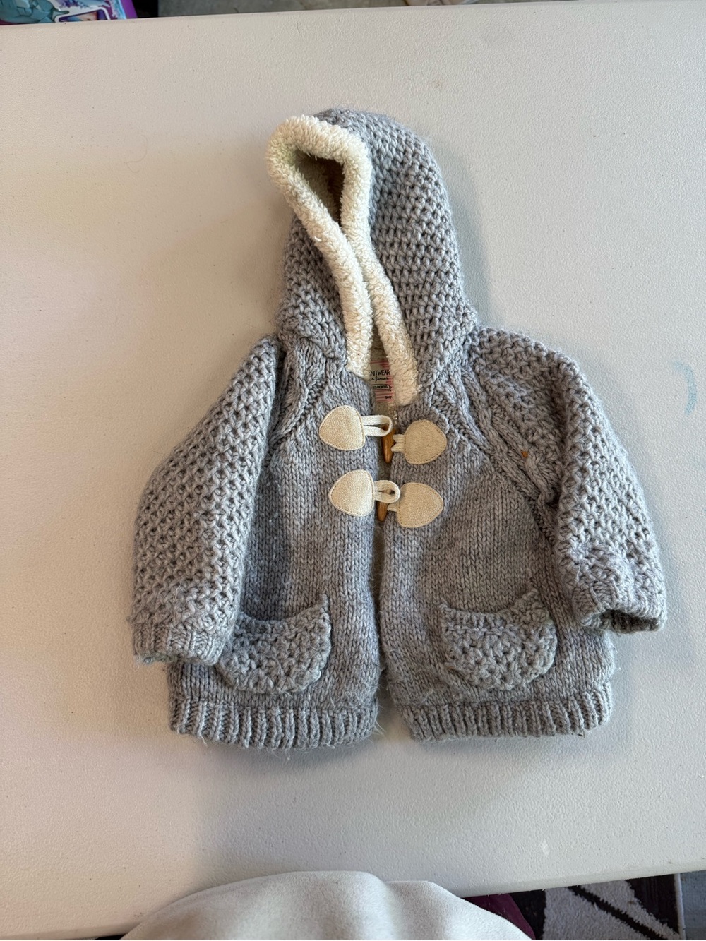 Zara Light Gray Hooded Knit Cardigan with Cream Trim